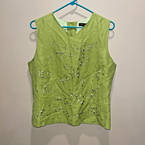 Anne Carson Tops - Ann Carson Silk Linen Green Embroidered Floral Tank L Buttons Ethereal Spring
